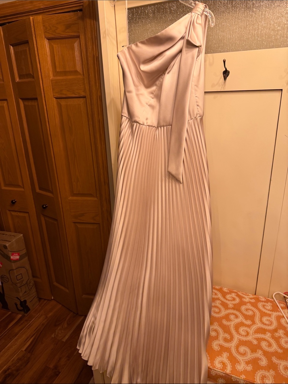 Amsale One-Shoulder Pleated Satin Gown in Champagne
